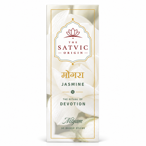 The Satvic Origin Jasmine Nikyam ritual dhoop stick box, featuring white jasmine flower imagery with gold and dark green text on a clean white background.