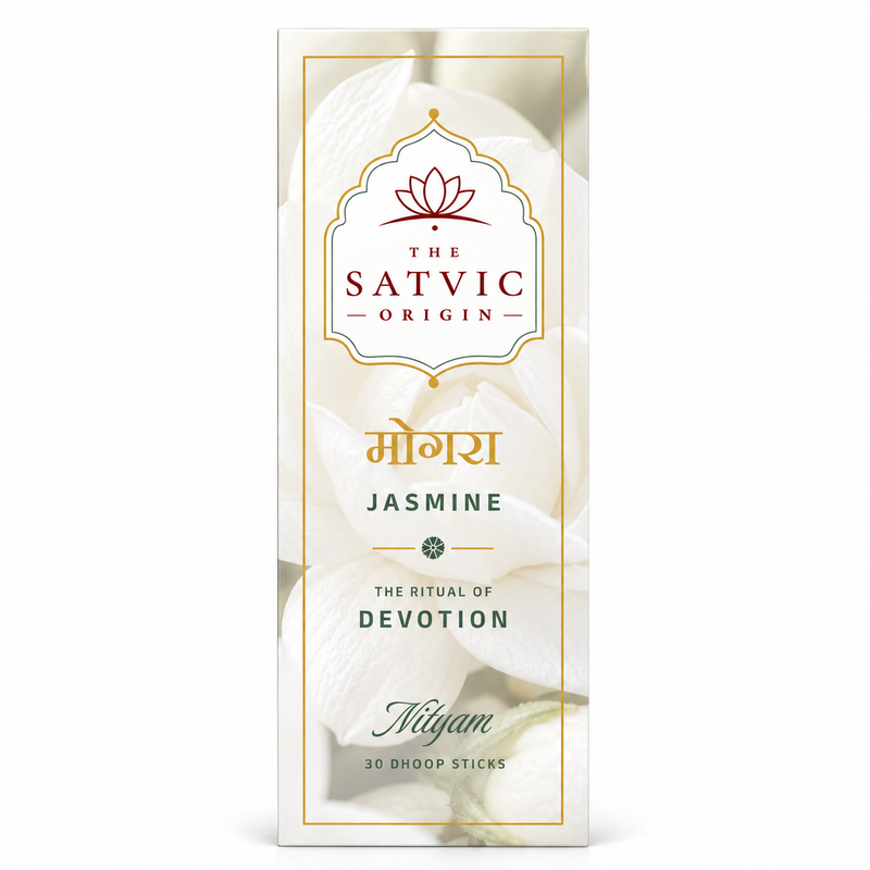 The Satvic Origin Jasmine Nikyam ritual dhoop stick box, featuring white jasmine flower imagery with gold and dark green text on a clean white background.