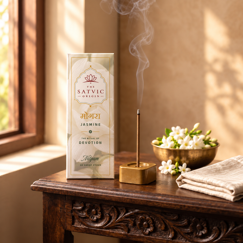 A box of The Satvic Origin Jasmine incense sticks stands on a carved wooden table beside a brass incense holder with a smoking stick, a bowl of white jasmine flowers, and a folded cloth in a warm indoor setting.