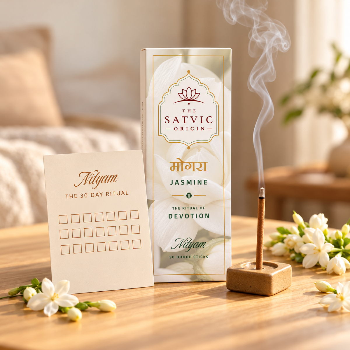 The Satvic Origin Niyam 30 Day Ritual set on a wooden table, featuring a cream-colored card, the product box, and a smoking incense stick holder with a burning incense stick, surrounded by white jasmine flowers.
