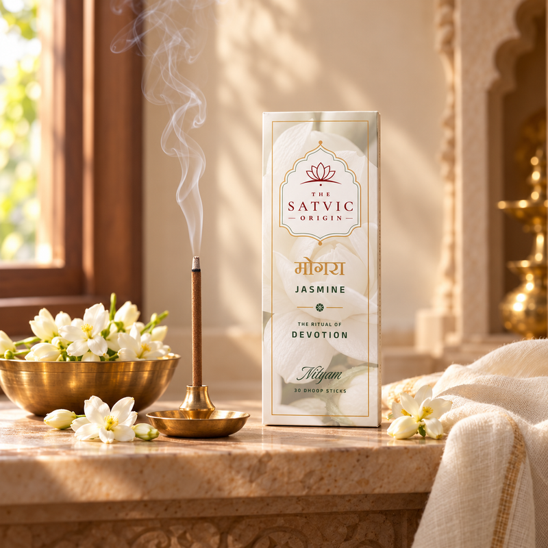The Satvic Origin Jasmine incense stick box standing on a stone surface beside a brass incense holder with smoke rising, flowers in a bowl, and a draped cream cloth in a warm indoor setting.