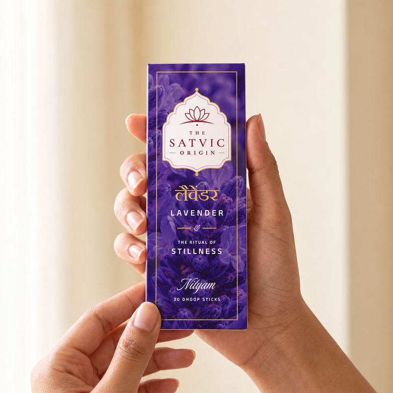 A person holds a purple rectangular box labeled 'The Satvic Origin' with lavender imagery and text including 'Lavender' and 'Niyam'. The background is a softly blurred warm beige indoor setting.