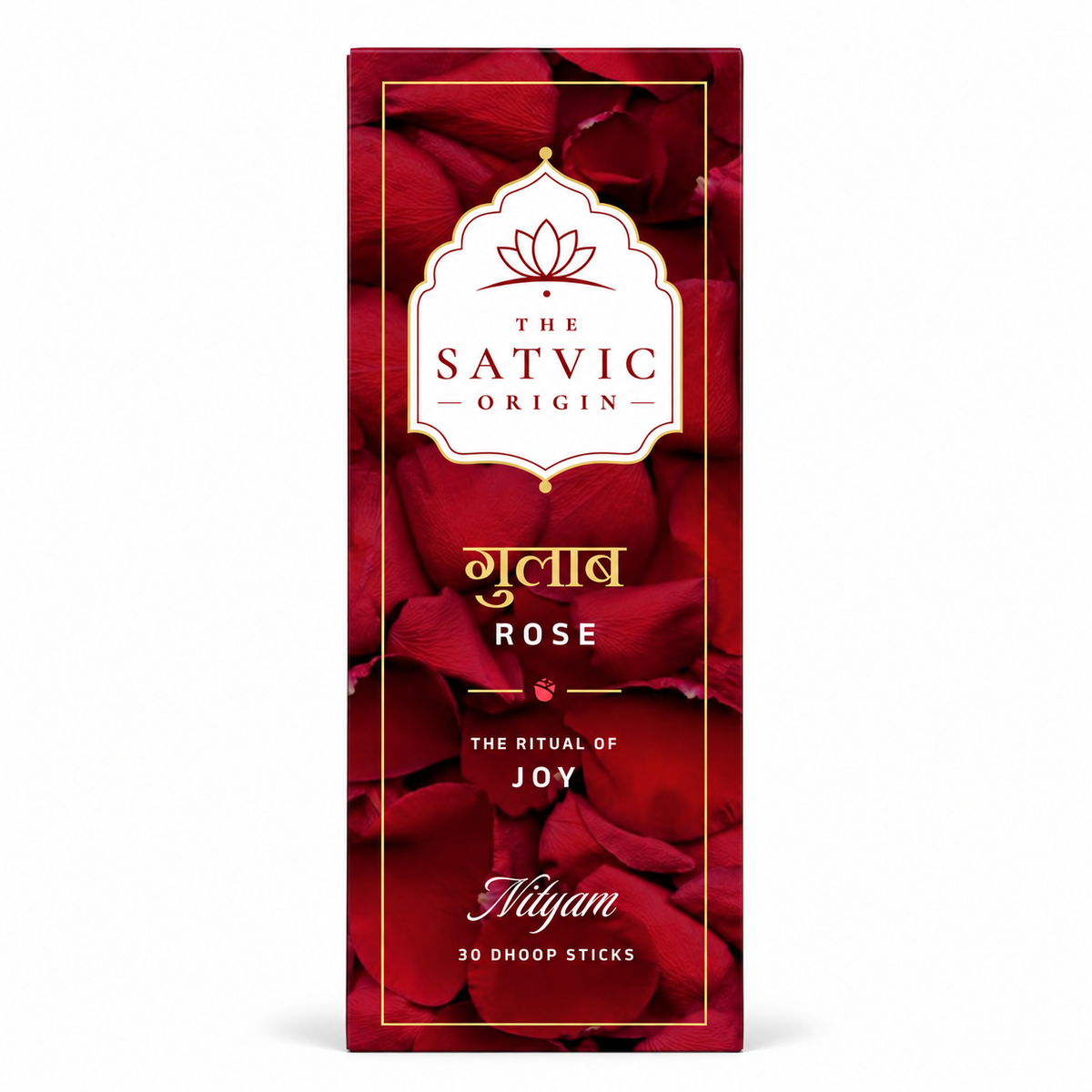 The Satvic Origin Niyam Rose Dhoop Sticks packaging box, featuring a deep red rose pattern background with gold and white text and borders.
