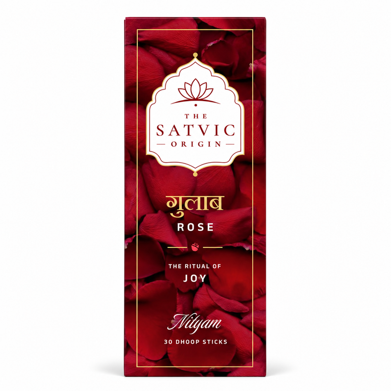 The Satvic Origin Niyam Rose Dhoop Sticks packaging box, featuring a deep red rose pattern background with gold and white text and borders.