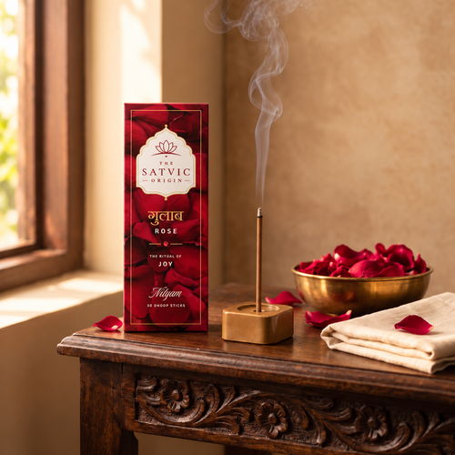 A box of The Satvic Origin Rose incense sticks stands on a carved wooden table beside a smoking incense stick holder, a gold bowl filled with rose petals, and folded cream fabric with scattered petals, in a warm indoor setting.