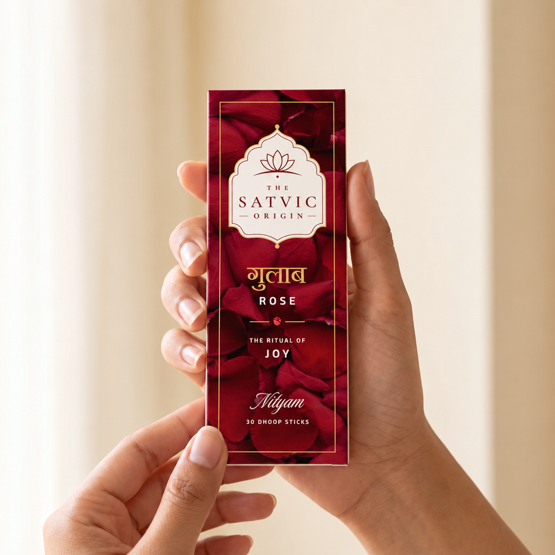 A person holds a tall rectangular box of The Satvic Origin Rose Niyam (30 dropper sticks) against a soft, warm beige background. The packaging features a deep red rose pattern with elegant white and gold typography.