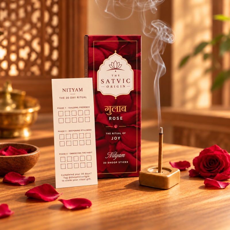 A boxed Niyam 36 day yoga stick set by The Satvic Origin, labeled 'Rose', displayed on a wooden table with an incense stick burning in a brass holder, red rose petals, and a bowl in a warm, softly lit background.