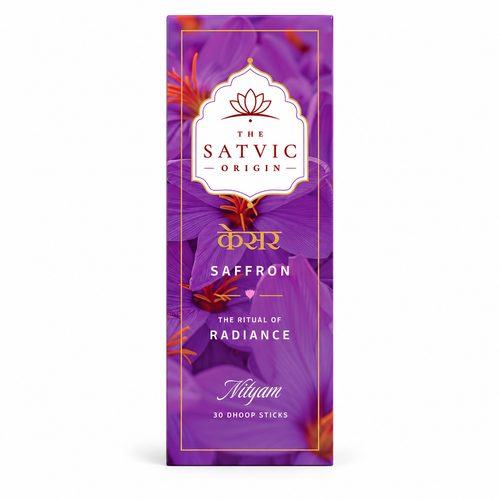 A tall rectangular box of The Satvic Origin Saffron Dhoop Sticks, featuring a purple floral design with saffron flowers and gold and white text.