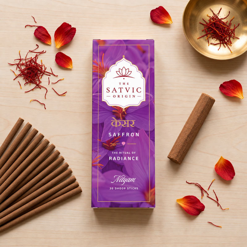 A purple box of Satvic Origin Saffron Nascent Diffuser oil is displayed on a light wood surface, surrounded by saffron threads, rose petals, cinnamon sticks, and a brass spoon with saffron.