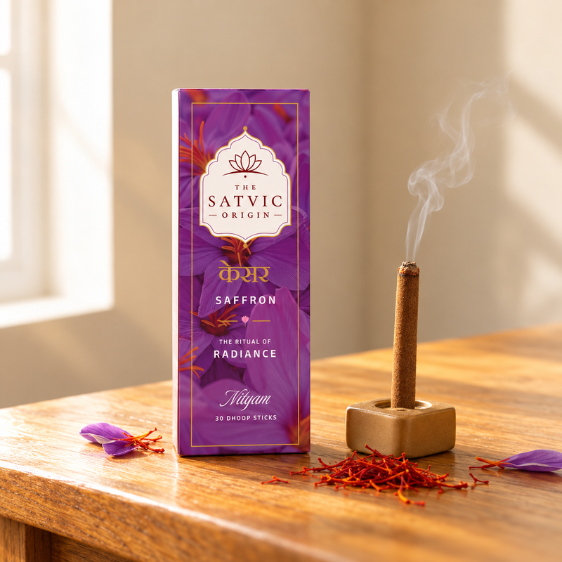 A purple box of The Satvic Origin Saffron Tilakam incense sticks stands on a wooden table beside a lit incense stick in a holder, with scattered saffron threads and petals.