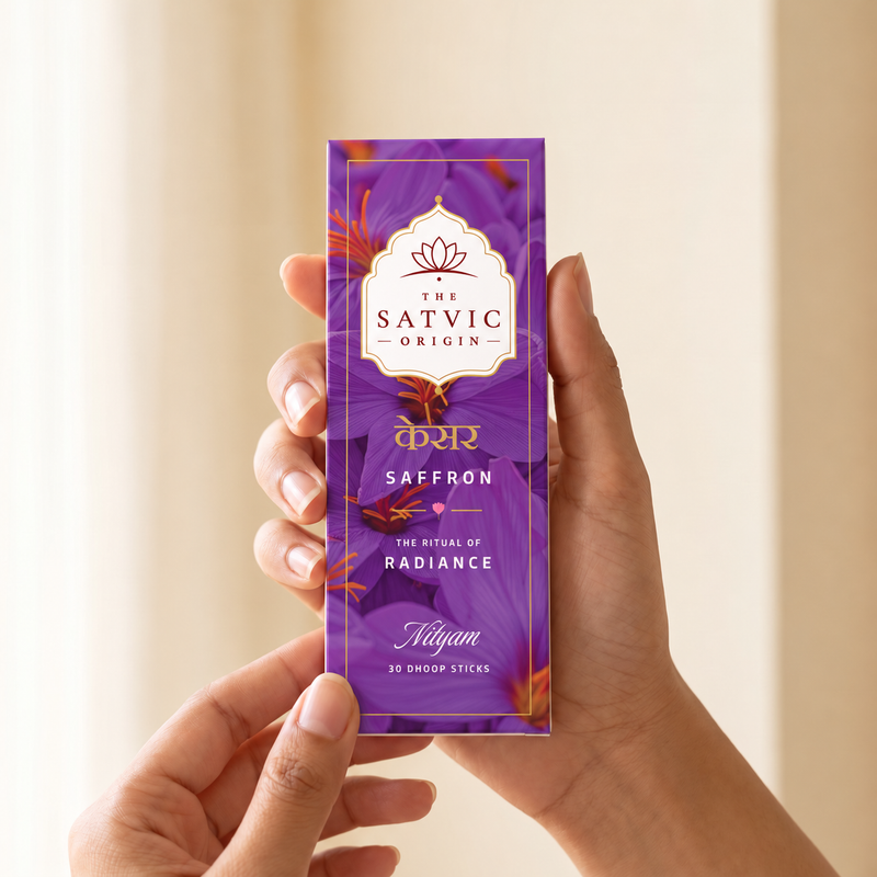 A person's hands holding a purple box of Saffron incense sticks by The Satvic Origin against a soft beige background.