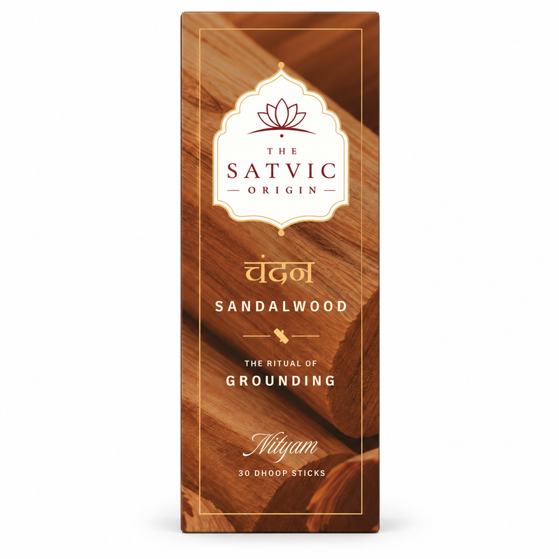 The Satvic Origin Sandalwood Ointment box, featuring a warm brown wood grain design with gold and white text, on a clean white background.