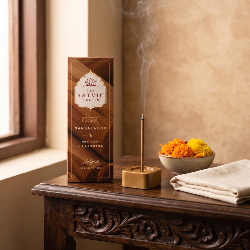 A box of Sandalwood incense sticks by The Satvic Origin stands on a dark wooden table next to a lit incense stick holder with smoke rising, alongside a bowl of orange and yellow flowers and folded white cloth in a warm indoor setting.