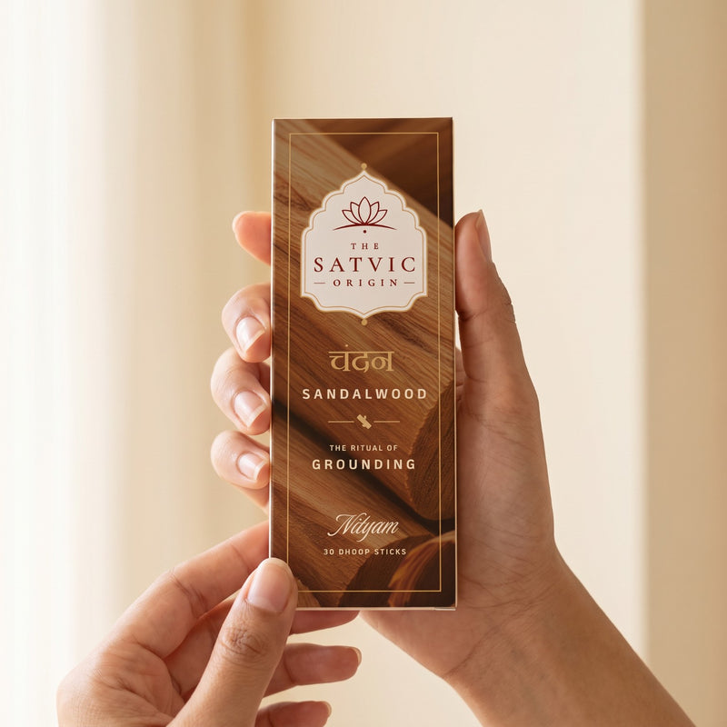 A person holds a tall rectangular box of The Satvic Origin Sandalwood Nayanam yoga bliss sticks. The box features a warm brown wood-grain pattern with a white decorative label at the top.