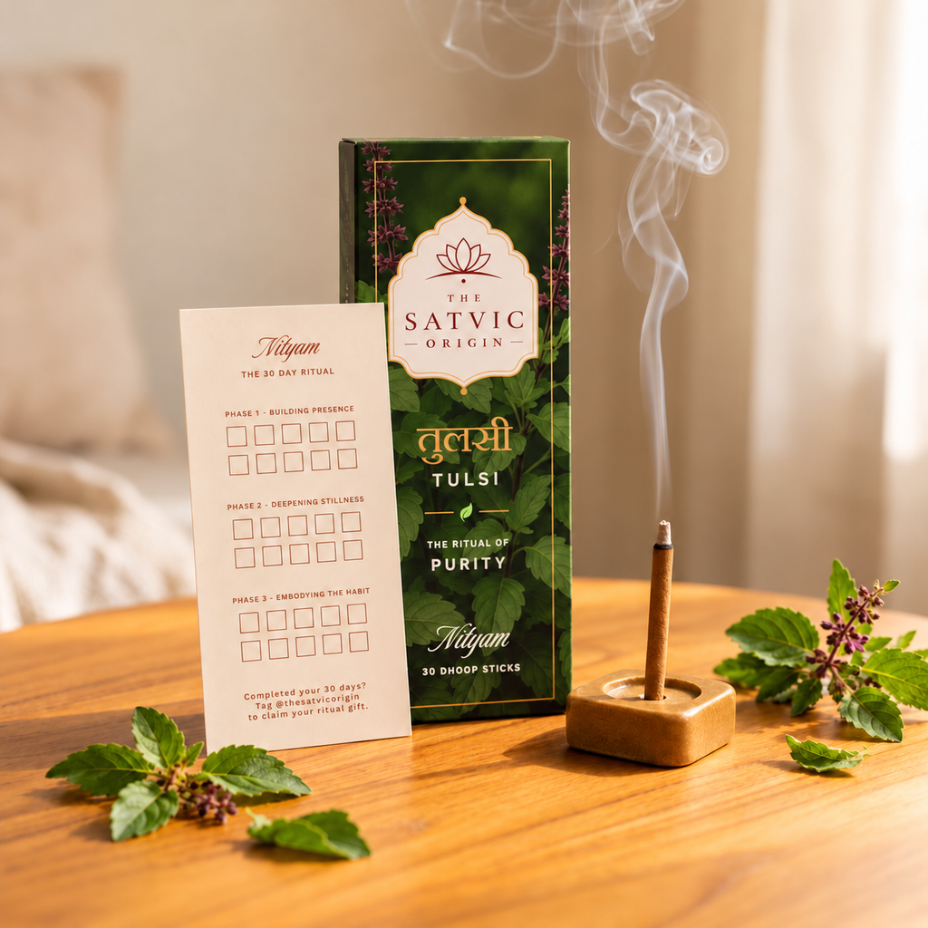 A smoking incense stick in a wooden holder beside a green box labeled 'The Satvic Origin Tulsi' and a cream-colored ritual card, arranged on a wooden table with tulsi leaves and flowers in a softly lit indoor setting.
