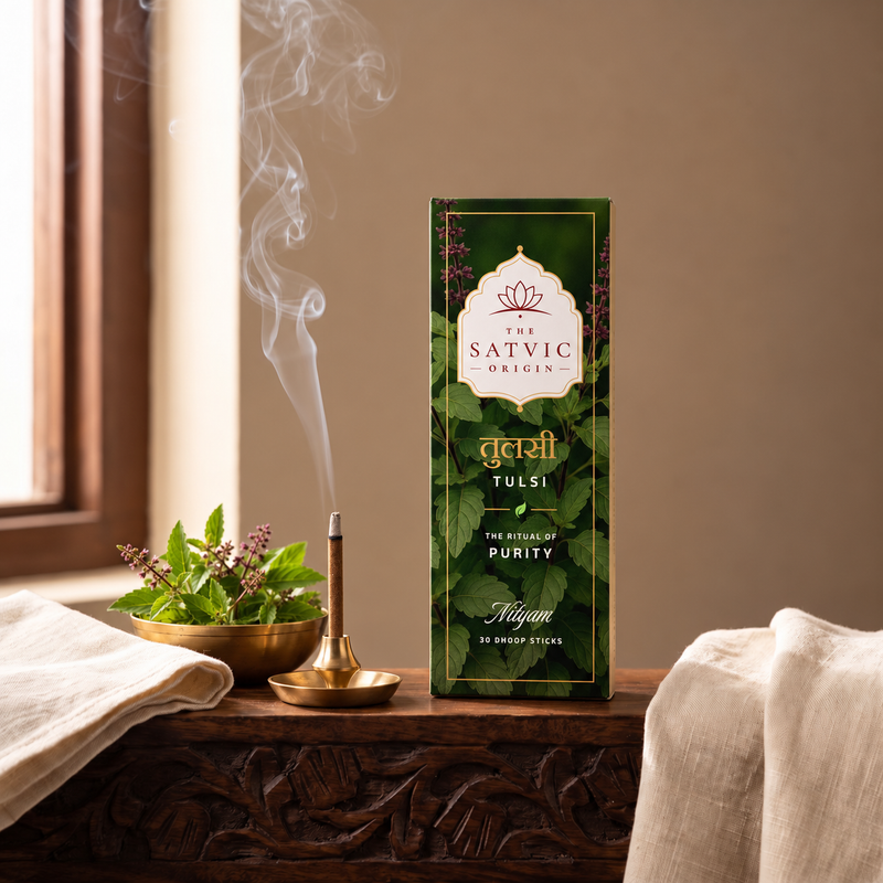A tall rectangular box of The Satvic Origin Tulsi incense stands on a carved wooden table in a warm, softly lit room. A small brass incense burner with rising smoke, a bowl of green leaves, and draped fabric are arranged around it.