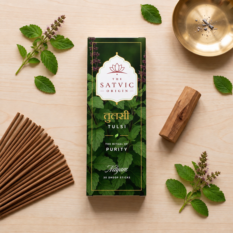 A box of Satvic Tulsi Ayurvedic tincture sticks is displayed in a flat-lay arrangement on a light wood background, surrounded by fresh green tulsi leaves, a wooden scoop, and a brass spoon.