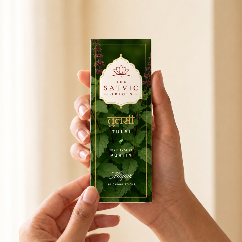 A person holds a tall rectangular box of Tulsi Ayurvedic drops. The box is dark green with leaf patterns, a cream-colored top label reading 'The Satvic Origin', and gold text for 'TULSI' and 'Kalyan'.